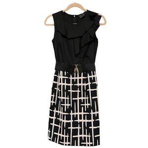 Max & Cleo Dress Black Tan Pencil Skirt Ruffle Upper Torso Design Size 2 Lined